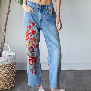 Oil & Hali Washed Floral Embroidered Blue Jeans